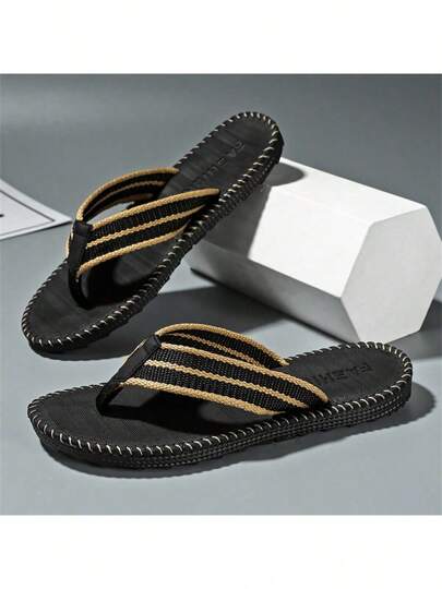 1 Pair Men's Slippers, Outdoor Beach Flat Flip Flops, Casual Indoor Home Slippers, Non-Slip, Breathable, Black, Spring/Summer, Size Up Recommended