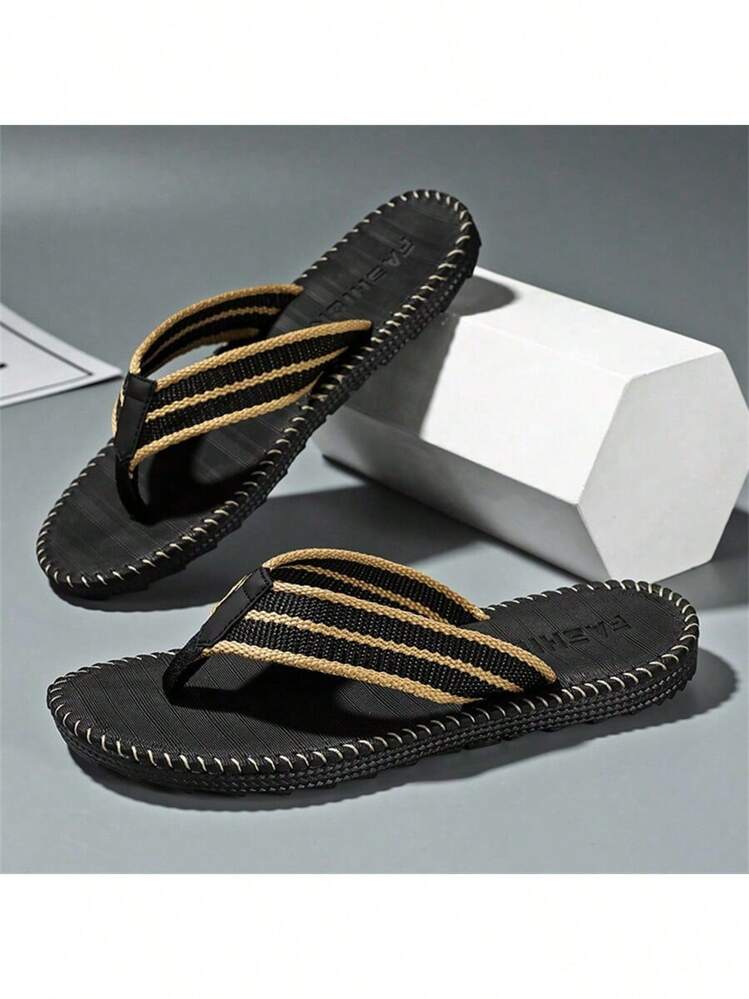 1 双男士拖鞋，户外沙滩平底人字拖，休闲室内家居拖鞋，防滑，透气，黑色，春夏季，建议大一码 - 黑色 - 查看 1