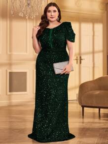 Plus Size Women's Ruched Fitted Elegant Sequin Maxi Formal Dress, Suitable For Prom, Wedding Guest, Graduation Ceremony, Gala - Dark Green - View 1