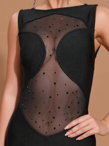 Modphy 2024 New Black Sexy Sleeveless Sheer Mesh Contrast Slit Maxi Bandage Dress, Bridesmaid Gown For Women, Formal Evening Party Dress