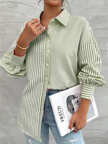 SHEIN Camisa casual de manga larga con botones y estampado de rayas para mujeres - Verde - Ver 3