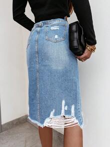Women's Waistband With Pocket Design Ripped Distressed Hem Split Casual Denim Skirt - Light Wash - View 2