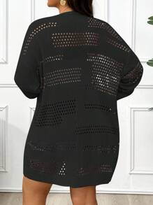 Plus Size Solid Color Hollow Out Casual Cardigan Fall Winter Cloth For Women Autumn - Black - View 2