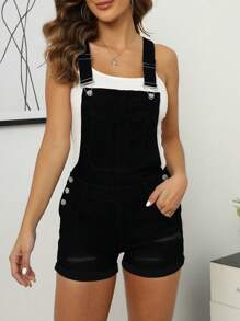 Summer Casual Washed Ripped Denim Overalls Shorts – Daily Wear - Black - View 4