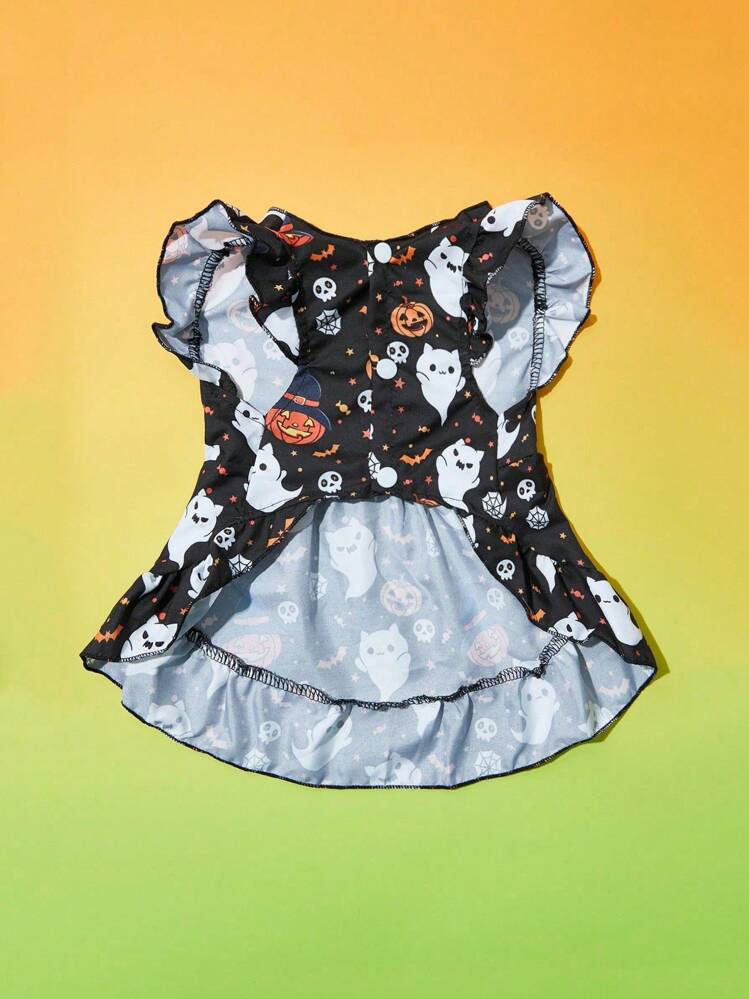 PETSIN 1pc Pet Dress With Ghost & Bat Pattern, Black Puff Sleeve For Halloween - Multicolor - View 3