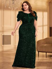 Plus Size Women's Ruched Fitted Elegant Sequin Maxi Formal Dress, Suitable For Prom, Wedding Guest, Graduation Ceremony, Gala - Dark Green - View 5