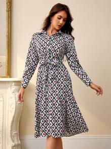 Aveloria Rosie All-Over Print Buttoned Front Belted Long Sleeve Dress