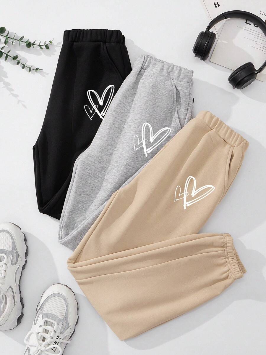 SHEIN Leap Crew 2/3/4 件套 Tween 女童休闲简约心形图案长款运动裤套装，适合秋冬季，Tween 女童裤子，返校装，可爱