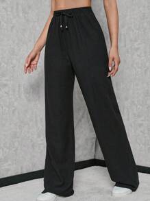 SHEIN Tall Women's Tall Solid Elastic Waist Strap Wide Leg Pants - Black - View 5