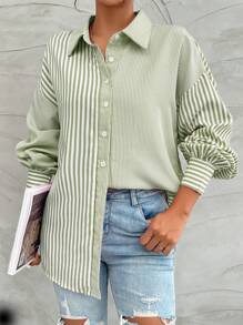 SHEIN Camisa casual de manga larga con botones y estampado de rayas para mujeres - Verde - Ver 6
