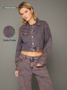 WESTFADE Winter Jacket Premium 100% Cotton Denim Acid Wash Button Front Long Sleeve Boxy Cropped Jacket - Blue - View 13