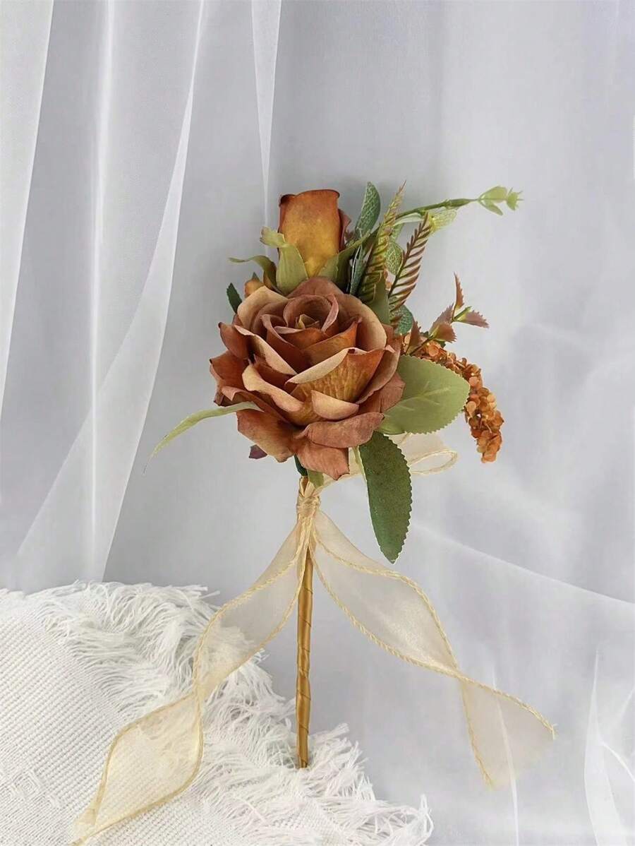 1束婚禮/伴娘用恩愛玫瑰、尤加利葉和人工花束,適用於婚禮/派對/房間裝飾禮品,浪漫優雅的秋季風格