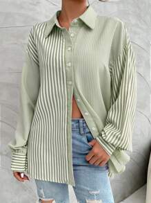 SHEIN Camisa casual de manga larga con botones y estampado de rayas para mujeres - Verde - Ver 4