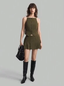 Ontre 2pcs Women's Button-Front Sleeveless Striped Blouse And Pleated Skirt Set - Army Green - View 3