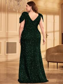Plus Size Women's Ruched Fitted Elegant Sequin Maxi Formal Dress, Suitable For Prom, Wedding Guest, Graduation Ceremony, Gala - Dark Green - View 2