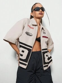 SUMWON WOMEN 朋克宽松拉链图案印花衬衫，短袖上衣 - 杏色 - 查看 1