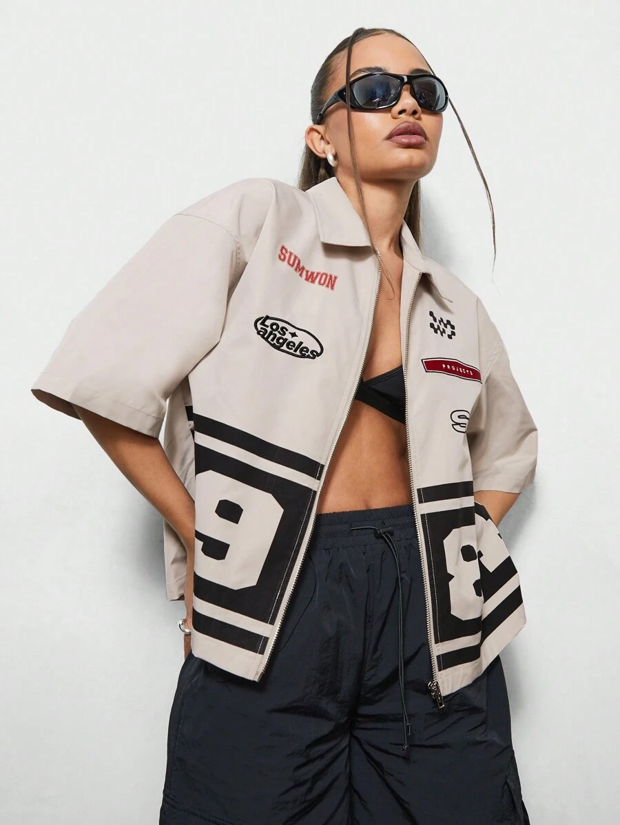 SUMWON WOMEN 朋克宽松拉链图案印花衬衫，短袖上衣 - 杏色 - 查看 1