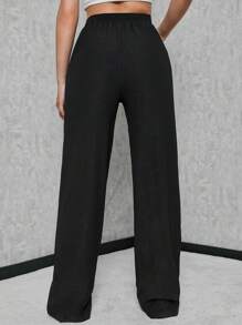 SHEIN Tall Women's Tall Solid Elastic Waist Strap Wide Leg Pants - Black - View 2