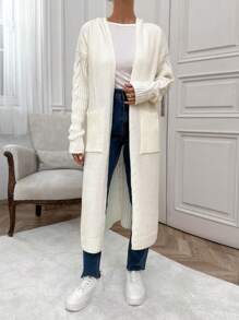 RueChic Casual Boho Cable & Rib Knit Mixed Pocket Detailed Maxi Cardigan With Hoodie - White - View 5