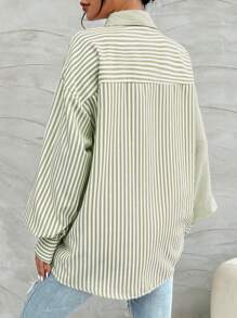 SHEIN Camisa casual de manga larga con botones y estampado de rayas para mujeres - Verde - Ver 2