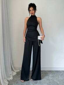 Elenzga 2 件套纯色不对称下摆无袖上衣和直腿裤