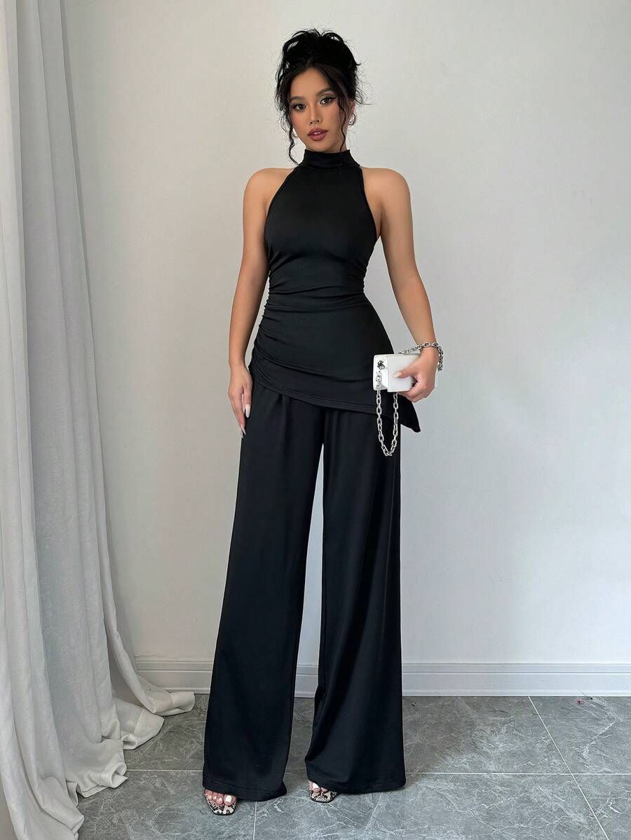 Elenzga 2 件套纯色不对称下摆无袖上衣和直腿裤