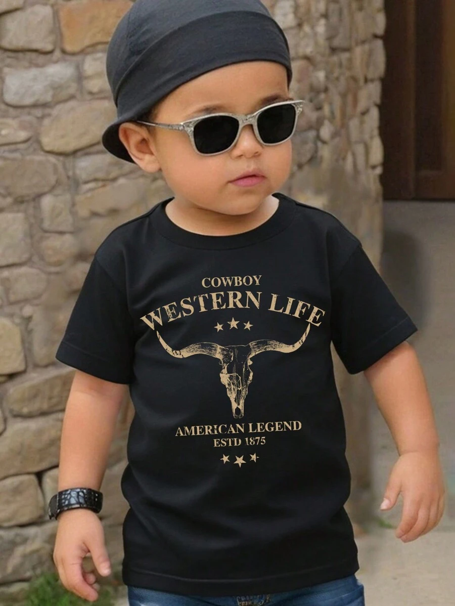 SHEIN Young Boys' Casual Retro Bull Head Letter Pattern Round Neck Short Sleeve T-Shirt, Summer - Black - View 1