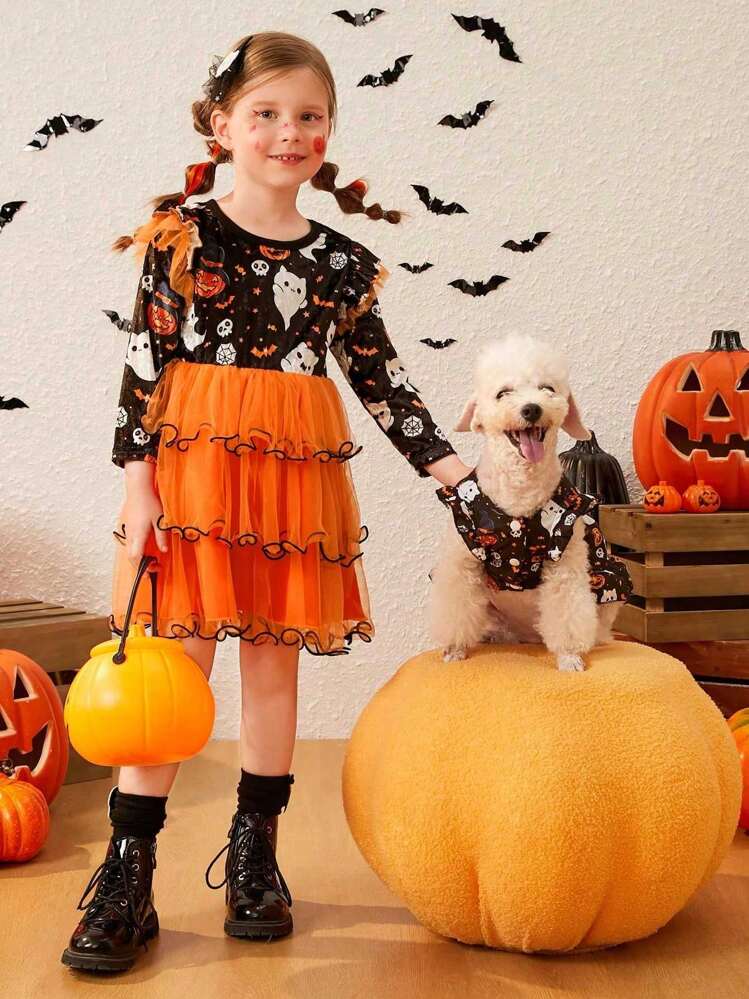 PETSIN 1pc Pet Dress With Ghost & Bat Pattern, Black Puff Sleeve For Halloween - Multicolor - View 5