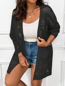 Plus Size Solid Color Hollow Out Casual Cardigan Fall Winter Cloth For Women Autumn - Black - View 7