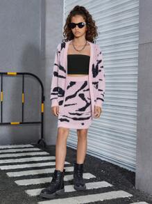 SHEIN Explorewe 2pcs/Set Tween Girls Zebra Print Cardigan Sweater + Mini Skirt - Pink - View 3