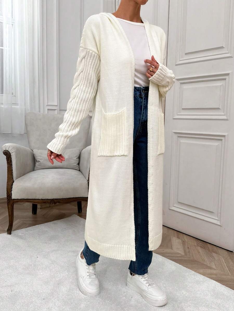 RueChic Casual Boho Cable & Rib Knit Mixed Pocket Detailed Maxi Cardigan With Hoodie - White - View 1