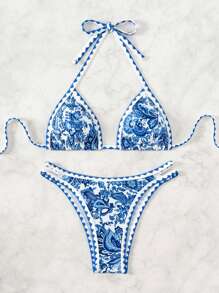 Swim Vcay Women's Summer Beach Plant Printed Halter Neck Sexy Bikini Set With Separated Bikini Set - Blue - View 6