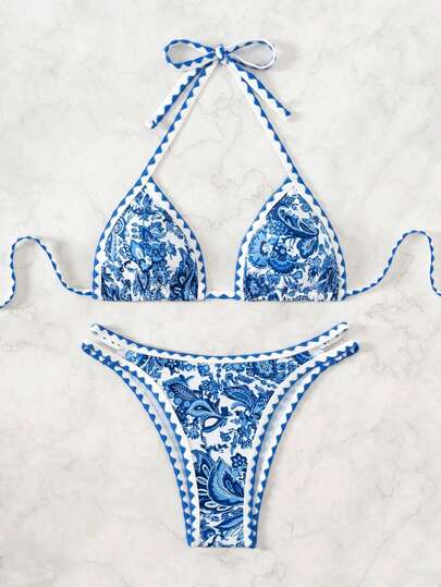 Swim Vcay Ensemble de Bikini Sexy à col licou imprimé plante de plage d'été pour femmes avec ensemble de Bikini séparé