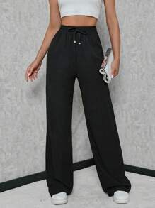 SHEIN Tall Women's Tall Solid Elastic Waist Strap Wide Leg Pants - Black - View 3