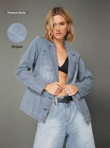 WESTFADE 优质棉质牛仔条纹男友风西装外套 - 深色水洗藍 - 查看 11