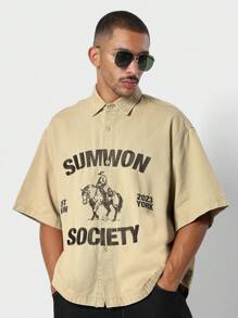 SUMWON Oversized Fit Washed Twill Shirt With Front Print
