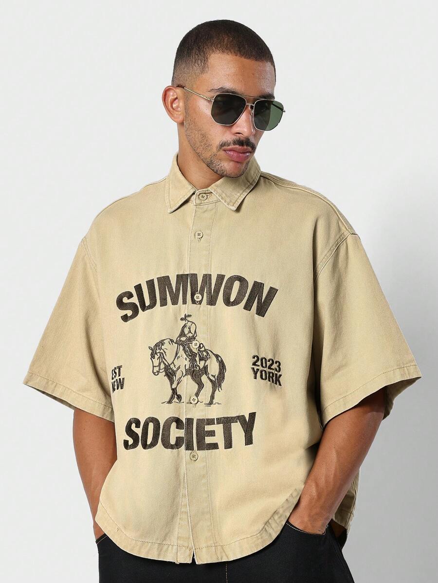 SUMWON Oversized Fit Washed Twill Shirt With Front Print