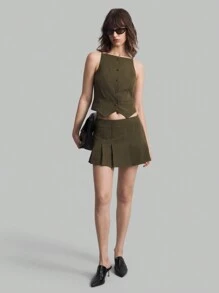 Ontre 2pcs Women's Button-Front Sleeveless Striped Blouse And Pleated Skirt Set - Army Green - View 1