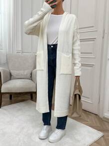 RueChic Casual Boho Cable & Rib Knit Mixed Pocket Detailed Maxi Cardigan With Hoodie - White - View 3