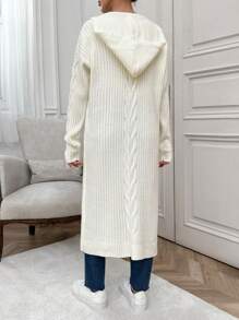 RueChic Casual Boho Cable & Rib Knit Mixed Pocket Detailed Maxi Cardigan With Hoodie - White - View 2