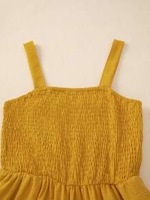 Acelitt 女士纯色方领褶裥拼接口袋休闲度假宽松阔腿无袖连体裤，夏季 - 黃色 - 查看 8