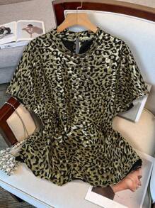 Celure 加大码豹纹立领短袖宽松双肩衬衫 - 銀色 - 查看 1