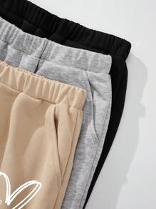 SHEIN Leap Crew 2/3/4 件套 Tween 女童休闲简约心形图案长款运动裤套装，适合秋冬季，Tween 女童裤子，返校装，可爱