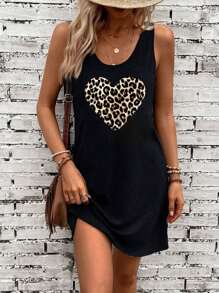 EMERY ROSE Vestido de verano minimalista casual de mujer, de cuello redondo sin mangas, con estampado de leopardo en forma de corazón
