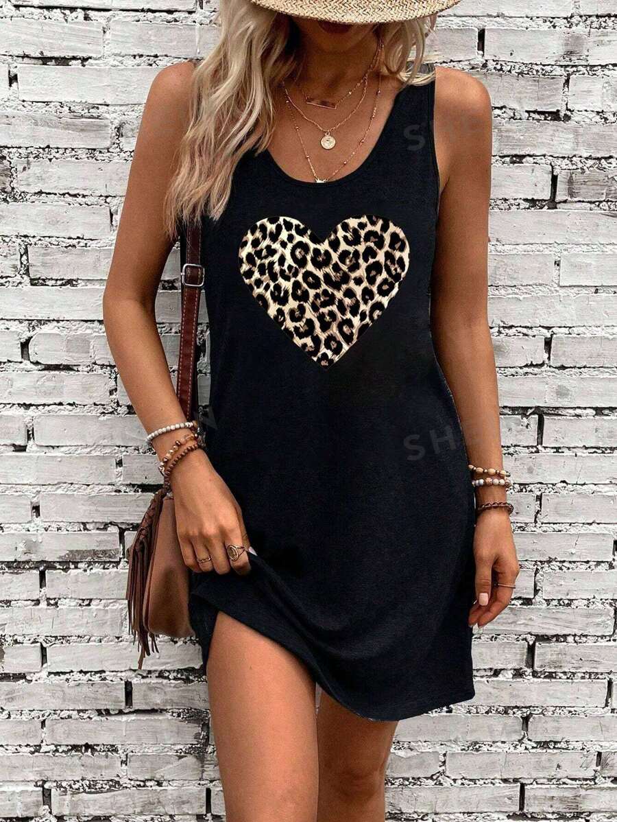 EMERY ROSE Vestido de verano minimalista casual de mujer, de cuello redondo sin mangas, con estampado de leopardo en forma de corazón