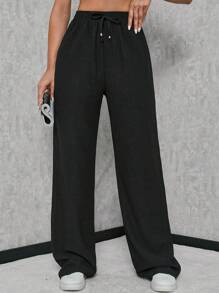 SHEIN Tall Women's Tall Solid Elastic Waist Strap Wide Leg Pants - Black - View 1