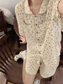 2pcs Women's Loose Short Pajama Set, Apricot-Colored Ditsy Floral, Suitable For Home Use - Apricot - View 2