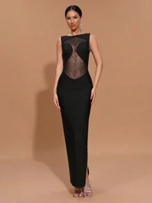 Modphy 2024 New Black Sexy Sleeveless Sheer Mesh Contrast Slit Maxi Bandage Dress, Bridesmaid Gown For Women, Formal Evening Party Dress