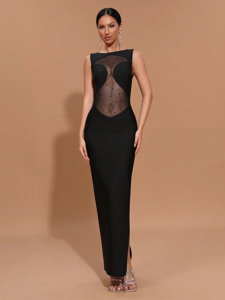 Modphy 2024 New Black Sexy Sleeveless Sheer Mesh Contrast Slit Maxi Bandage Dress, Bridesmaid Gown For Women, Formal Evening Party Dress