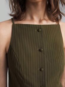 Ontre 2pcs Women's Button-Front Sleeveless Striped Blouse And Pleated Skirt Set - Army Green - View 7